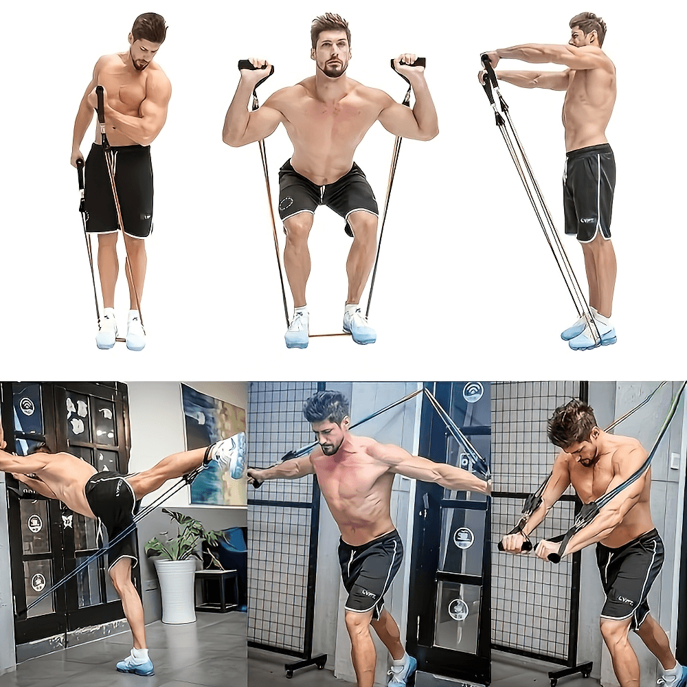 Man demonstrating exercises with colorful resistance bands set SF2965 for strength training and flexibility at home gym.