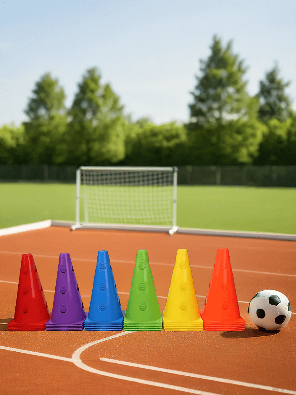 Set of colorful training cones with holes on a sports field, perfect for soccer and agility drills, with a soccer ball in view