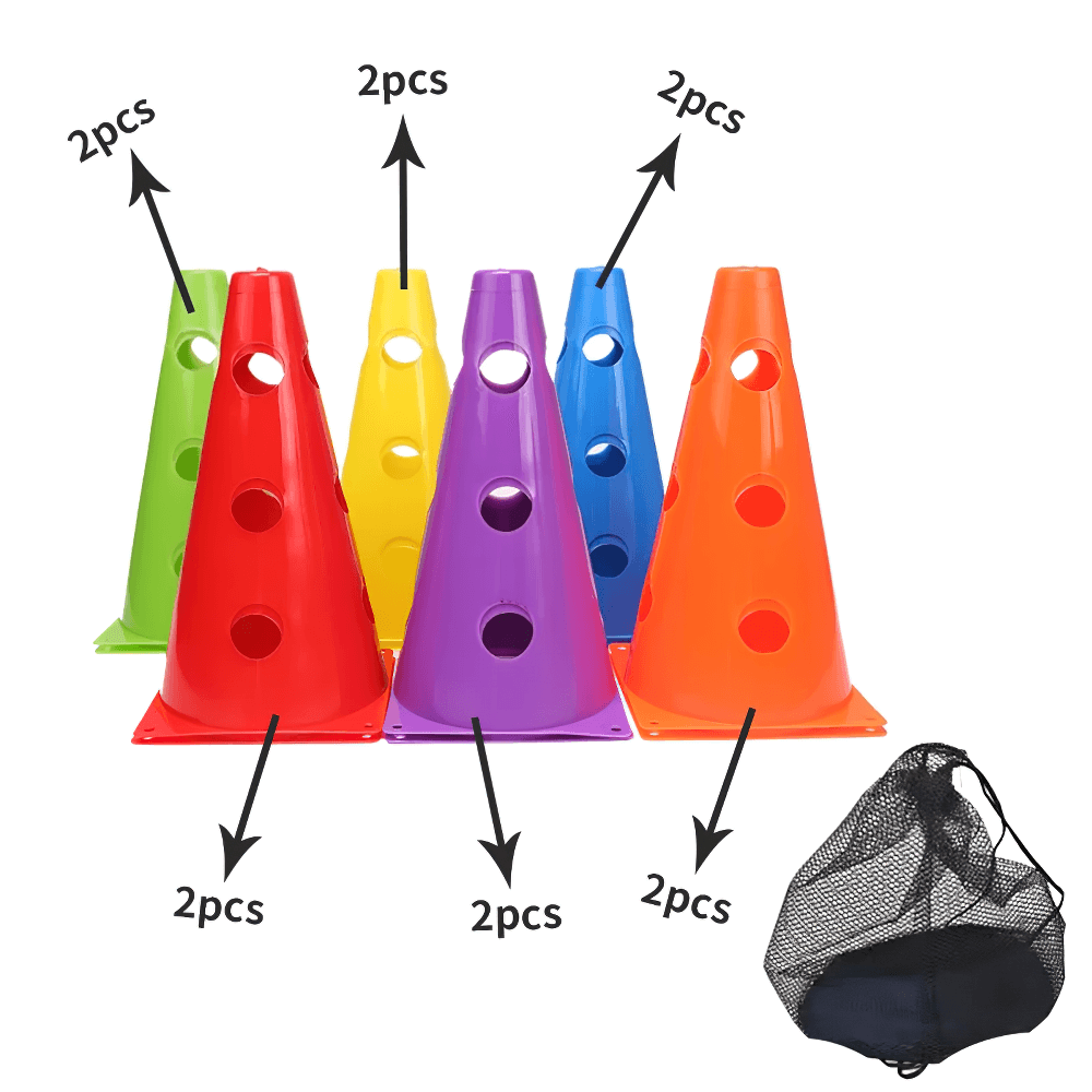 12 colorful training cones with holes, 23cm, for soccer and agility drills, includes a mesh bag for easy transport.