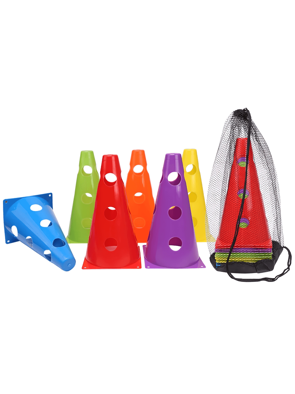 Set of colorful training cones with holes for agility drills, includes mesh bag for easy transport, perfect for soccer and speed training.