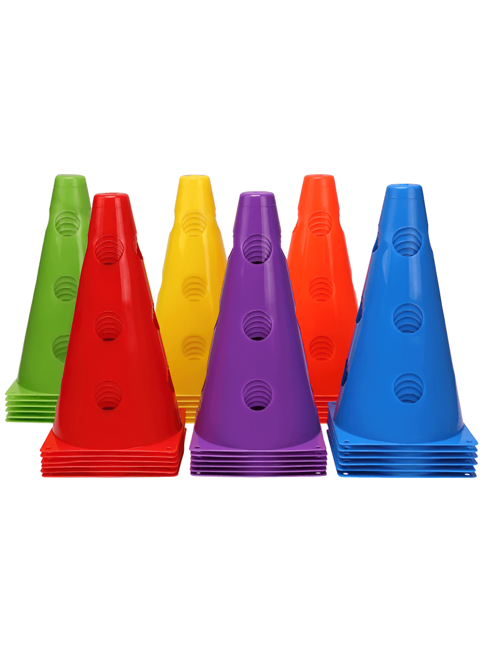 Stack of colorful training cones with holes for agility and soccer drills, 12-pack set SF3173.
