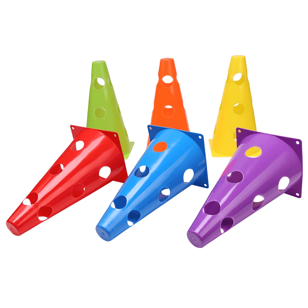 Colorful 12-pack training cones with holes for agility drills and soccer practice, featuring flexible plastic and stackable design.