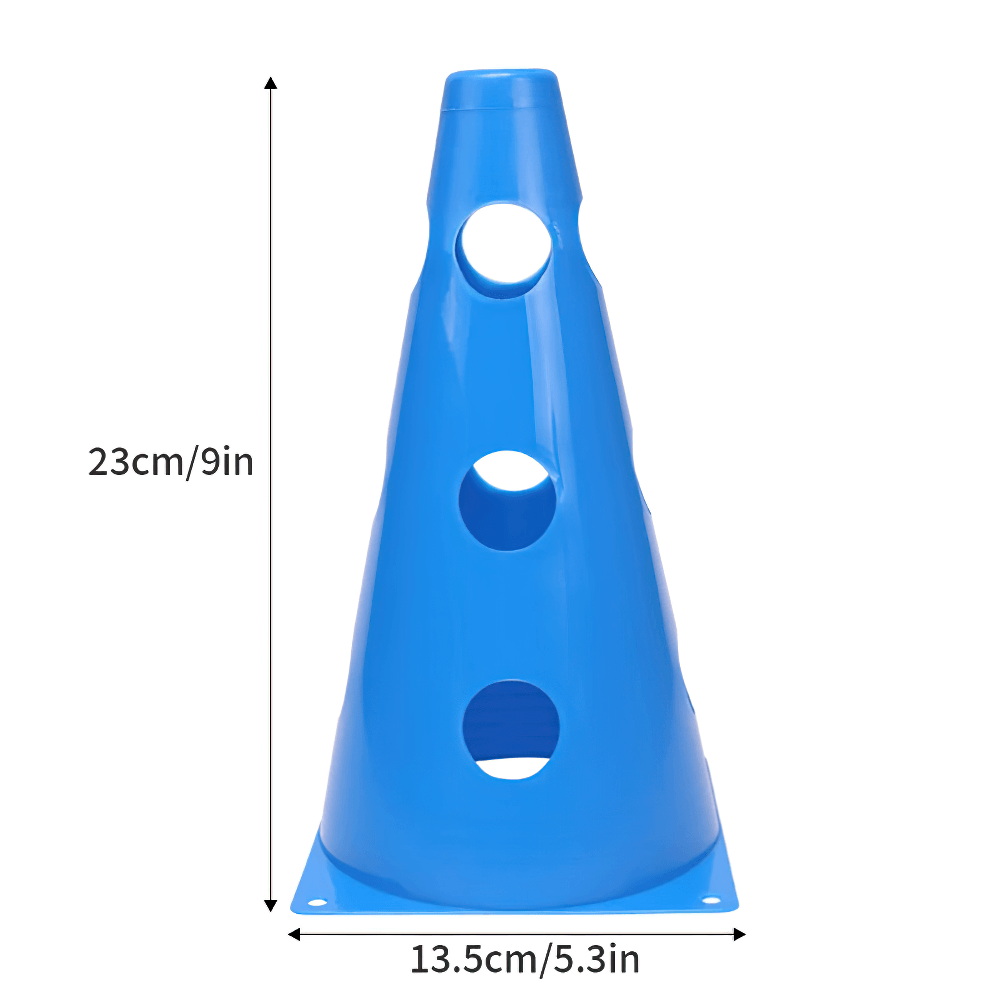Blue training cone with holes for agility drills, measuring 23cm tall and 13.5cm wide, part of a 12-pack set.