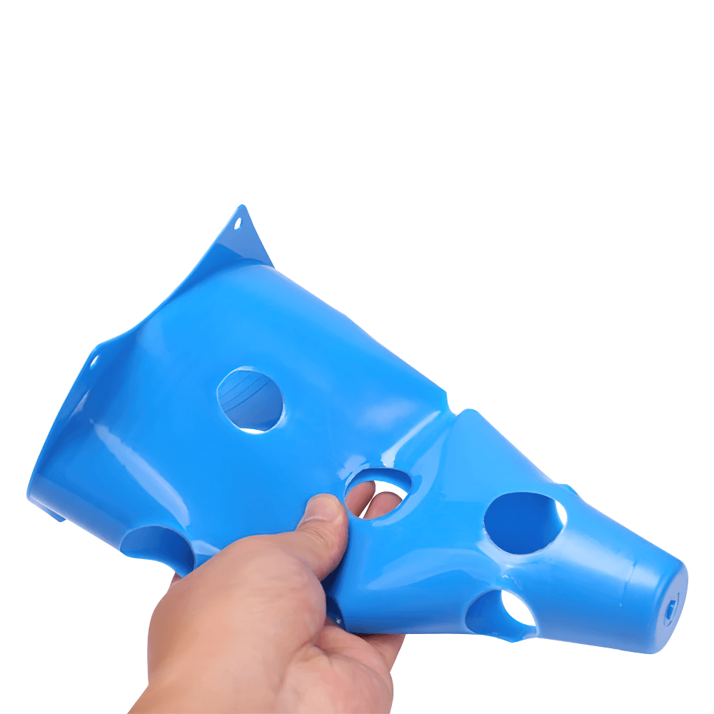 Hand holding a blue training cone with multiple holes, ideal for soccer drills and agility training. Part of a 12-pack set SF3173.
