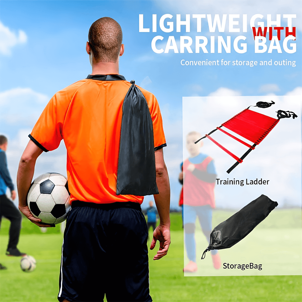 Soccer player with agility ladder and storage bag for speed training and fitness.