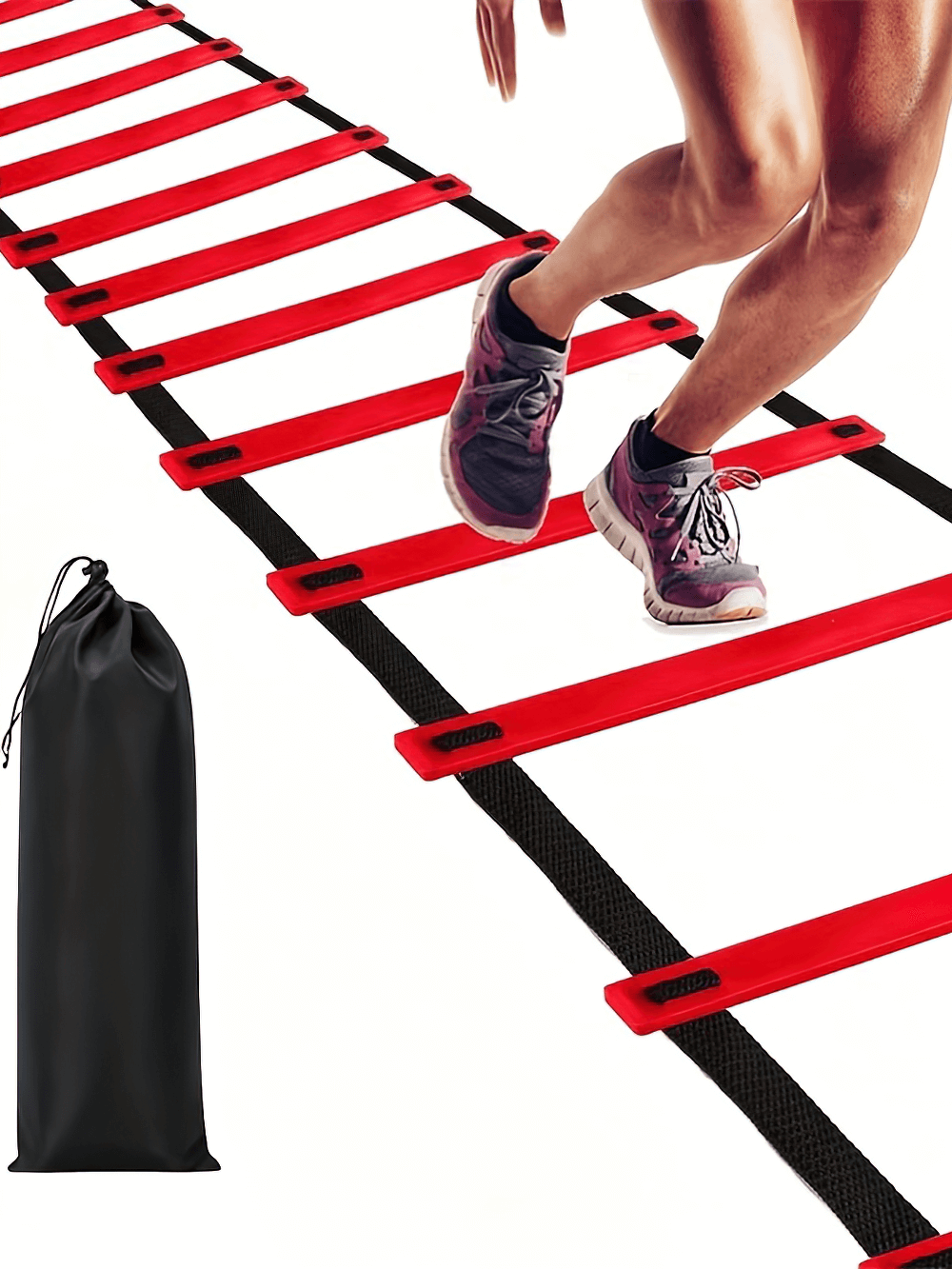 Athlete using 12-rung agility ladder for speed training, shown with carry bag. Ideal for improving footwork, agility, and coordination.