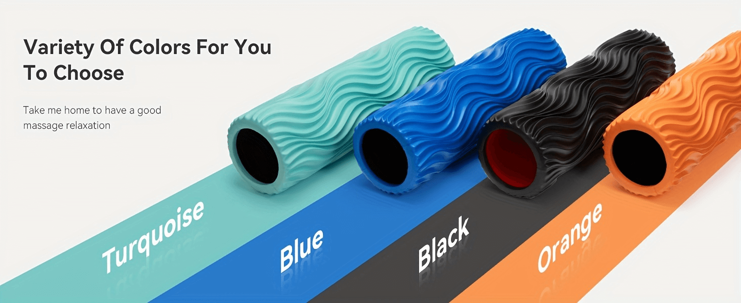 Variety of textured foam rollers in turquoise, blue, black, and orange for deep muscle massage and relaxation.