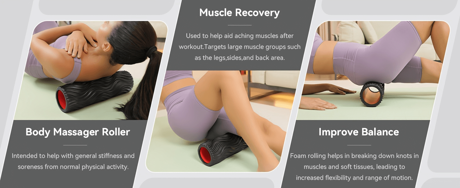 Woman using 15-inch wavy texture foam roller for deep massage and muscle recovery on back and legs.