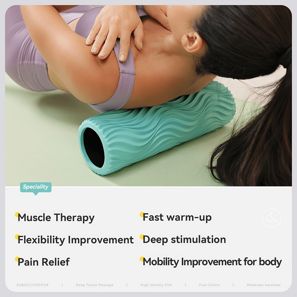 Woman using 15-inch wavy texture foam roller for deep massage and muscle therapy on yoga mat.