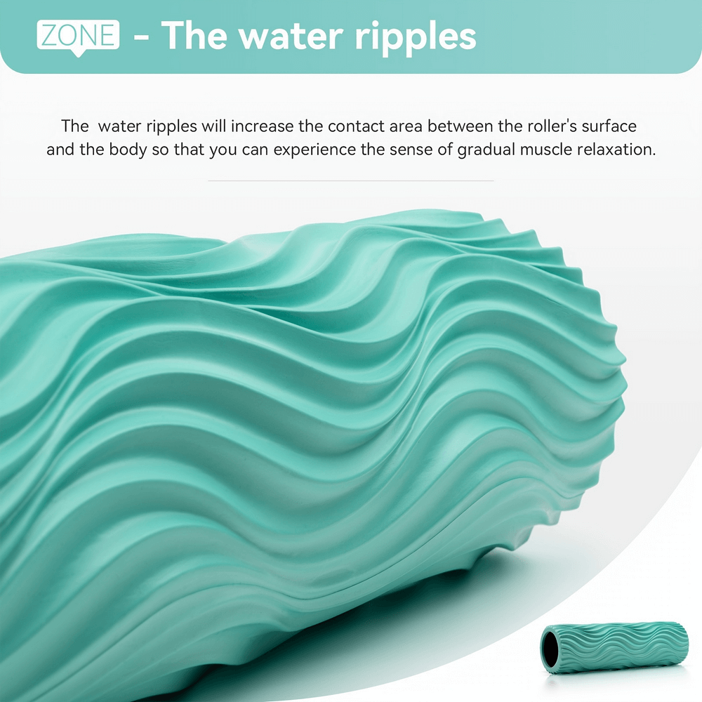 Close-up of a 15-inch wavy texture foam roller in turquoise, highlighting its ergonomic design for deep muscle massage and relaxation.