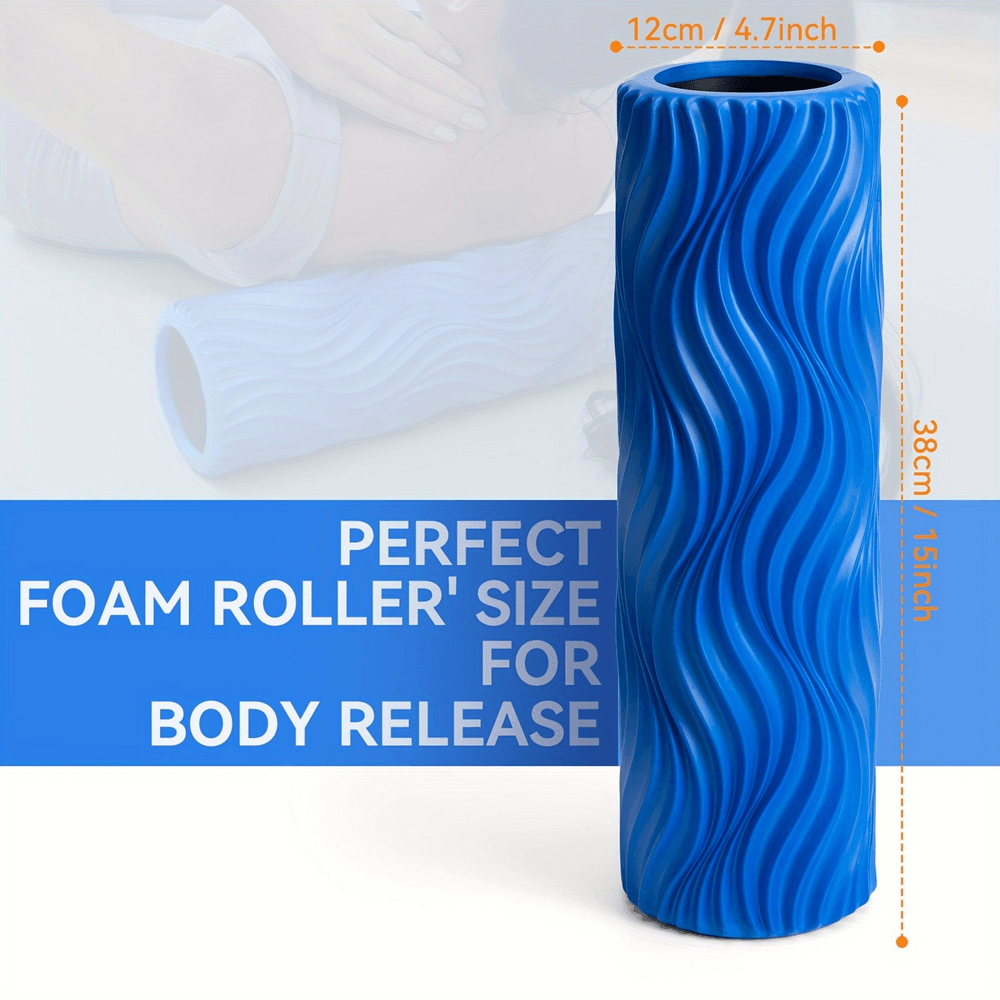 15-inch wavy texture foam roller in blue, perfect for deep massage and full-body relief, showing ergonomic design and dimensions.