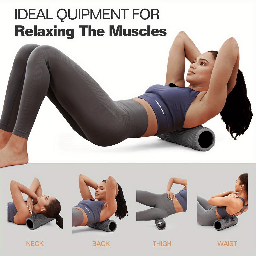 Woman using wavy texture foam roller for neck, back, thigh, and waist muscle relaxation and deep massage relief.