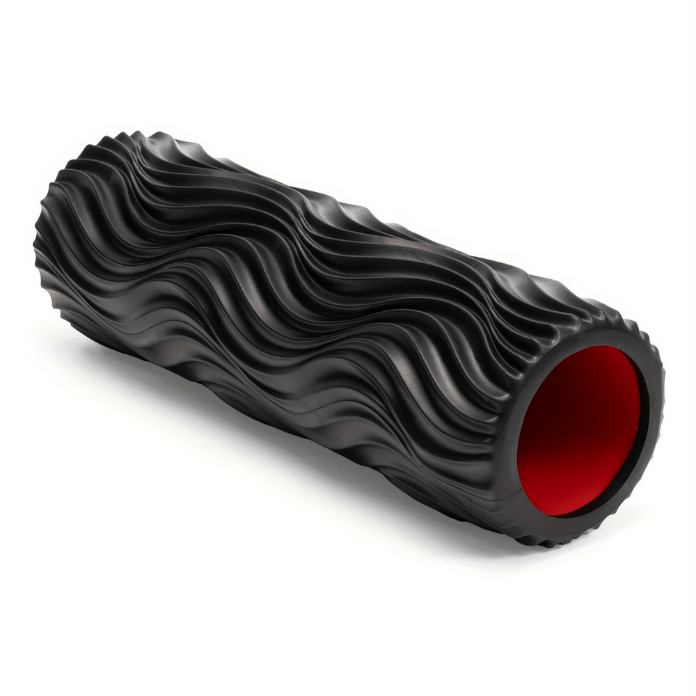 15-inch black wavy foam roller for deep massage and muscle relief featuring ergonomic wave texture, perfect for yoga and workout recovery.