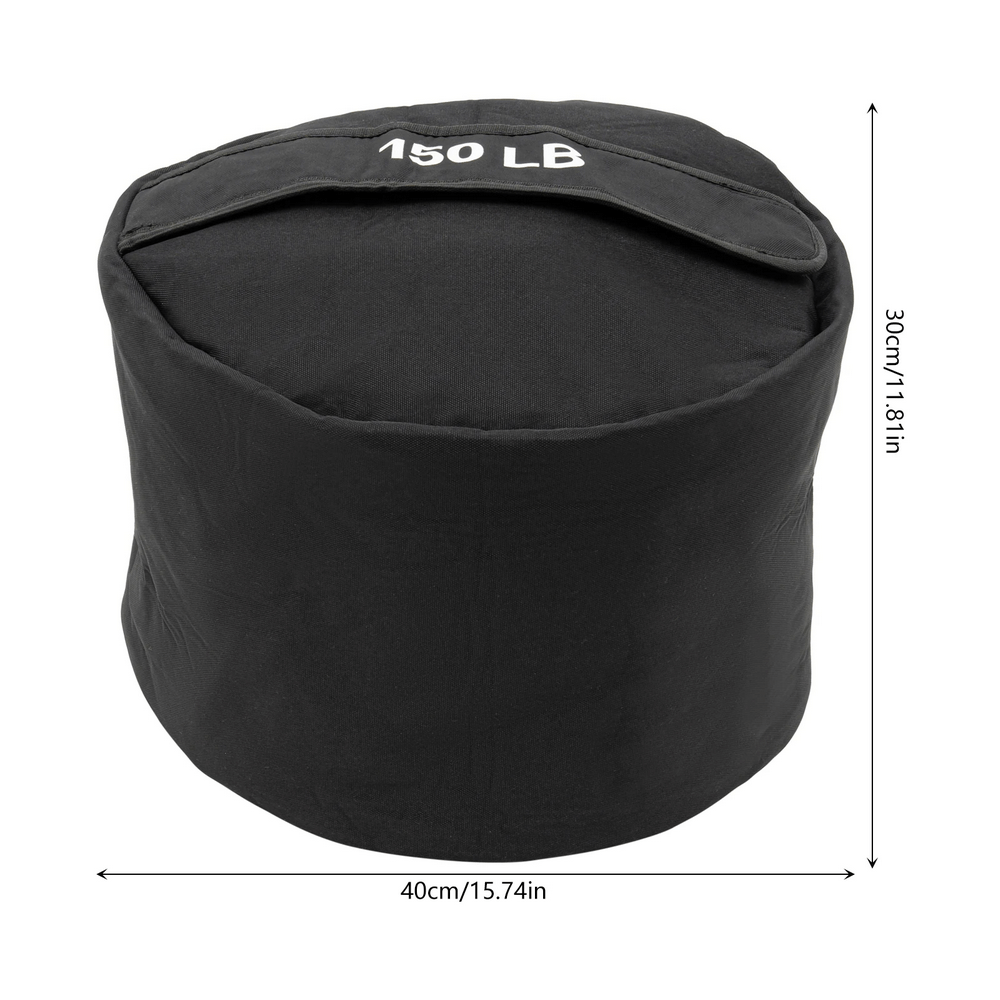 150 LB heavy-duty power training sandbag for cross training, shown with measurements for gym workouts and strength conditioning.