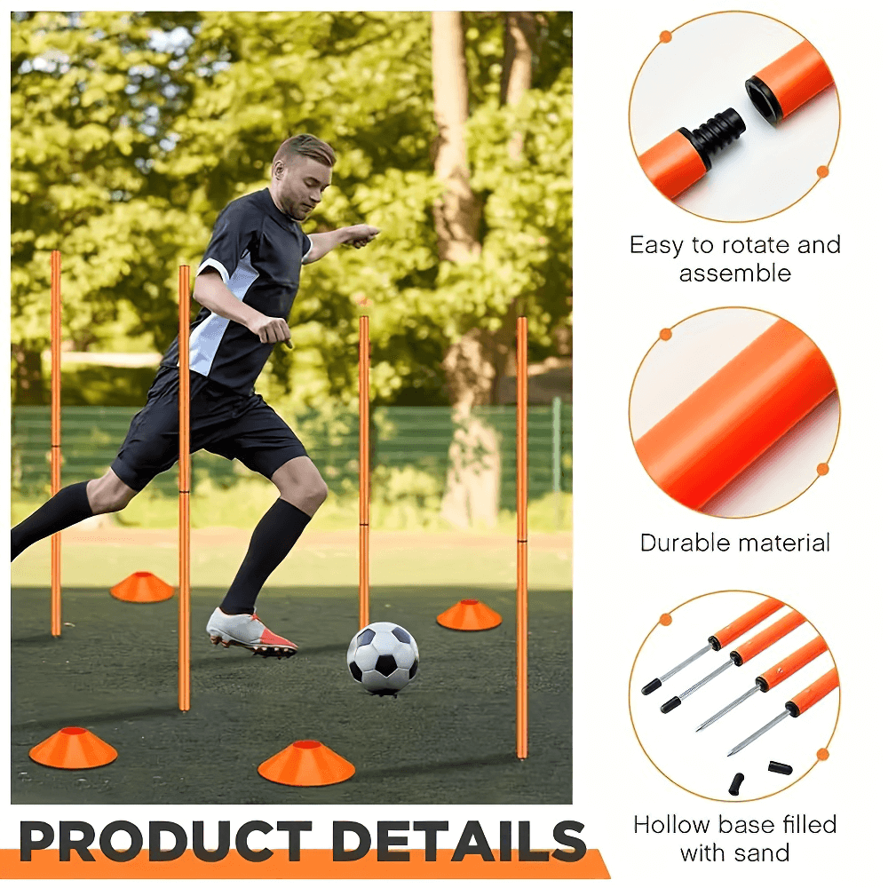 Soccer player training with agility poles and cones; features include durable PVC, easy assembly, and hollow bases for stability.