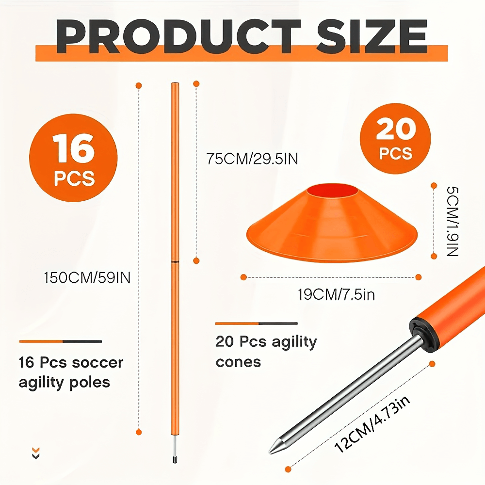 16-pcs soccer agility training poles and cones size chart, with detailed measurements for fitness and drills, SF2748 set.