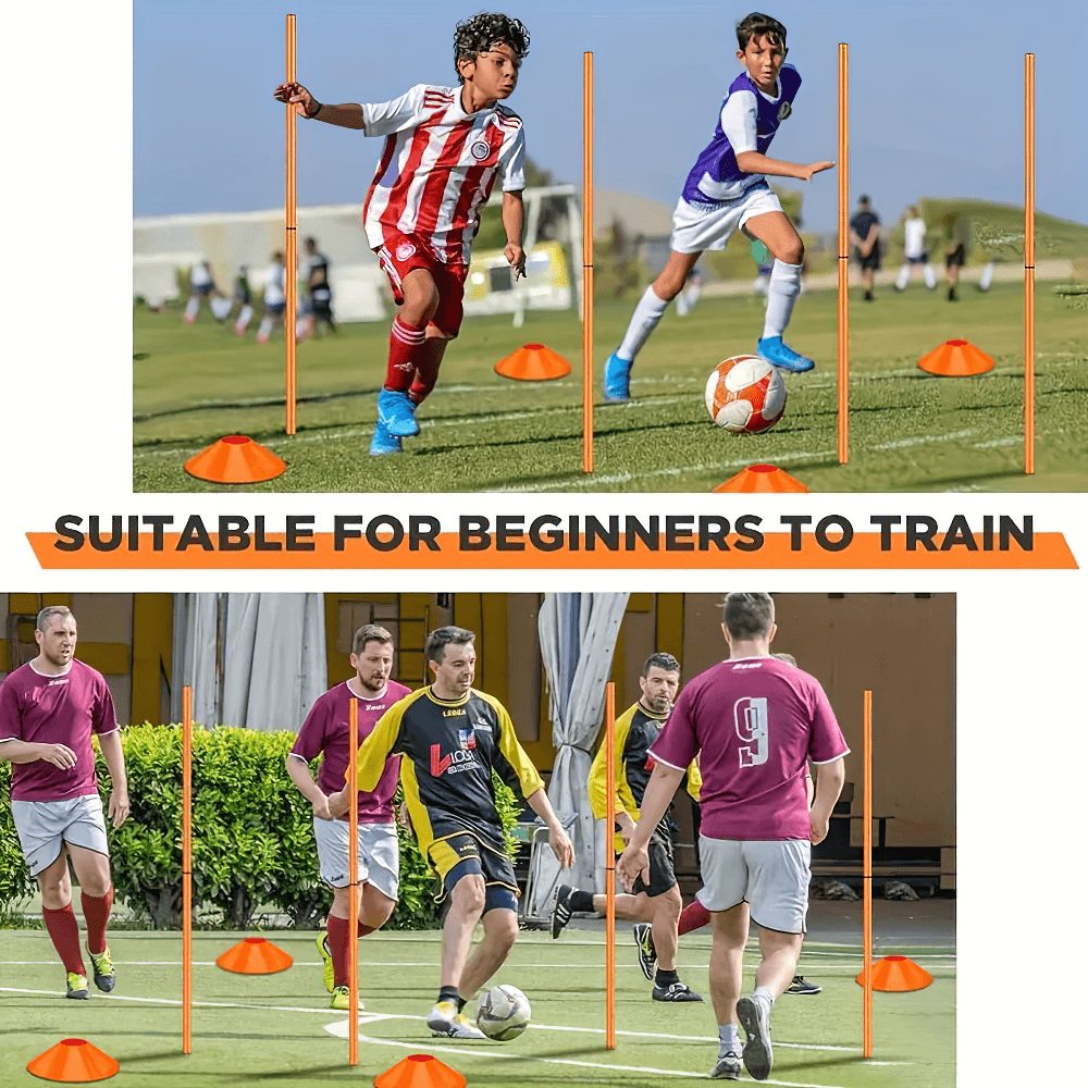 Soccer players training with agility poles and cones set, ideal for enhancing speed, agility, and coordination skills.