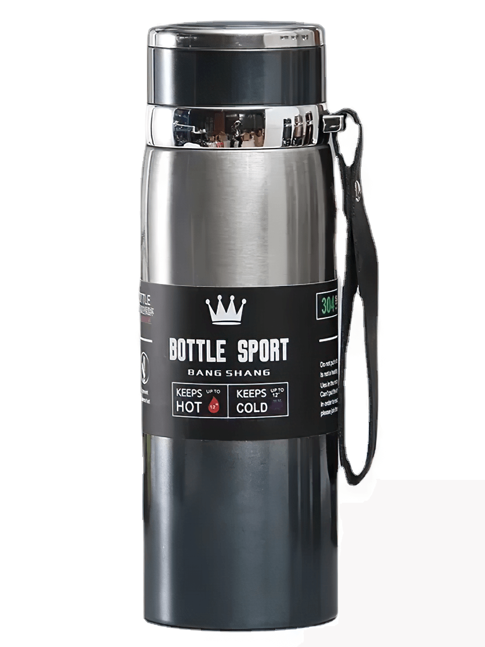 1L stainless steel insulated sport thermos bottle with leakproof lid and wrist strap, ideal for hot and cold drinks. Model SF3055.