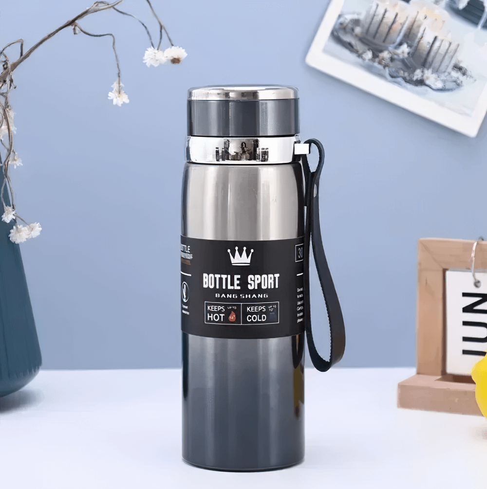 1L stainless steel insulated sport thermos bottle SF3055, keeps drinks hot and cold, with leakproof lid and wrist strap for travel.