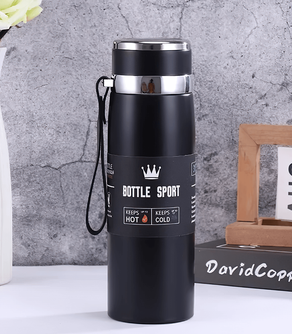 1L stainless steel insulated thermos bottle SF3055 for hot and cold water, with leakproof lid and wrist strap.