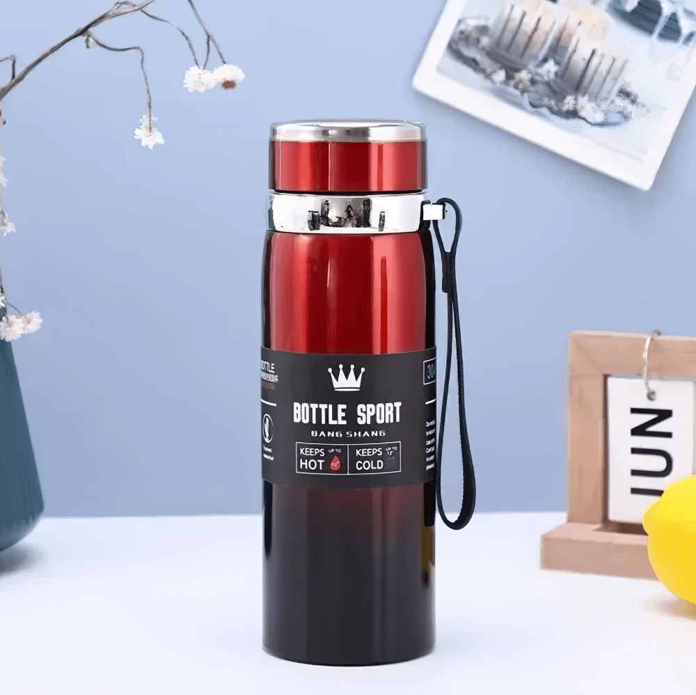 1L Stainless Steel Insulated Sport Thermos Bottle with leakproof lid and wrist strap for hot and cold drinks, ideal for travel and sports.