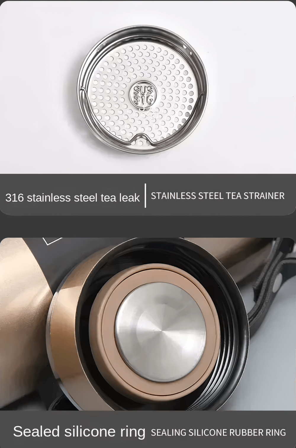 Stainless steel tea strainer and silicone sealing ring of insulated sport thermos bottle, model SF3055.