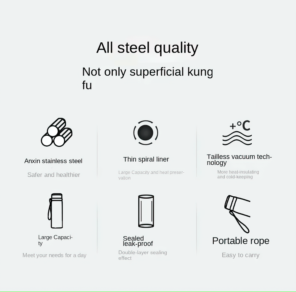 Illustration highlighting features of a stainless steel vacuum flask: insulated, leak-proof, portable rope, thin spiral liner, and large capacity.