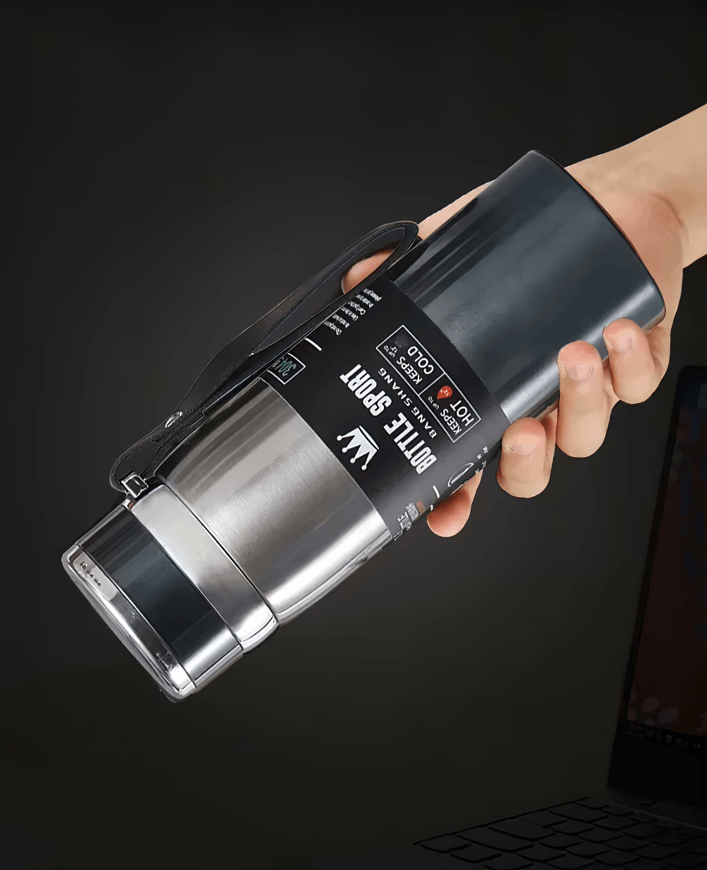 1L stainless steel insulated sport thermos bottle SF3055 with leakproof lid, ideal for keeping drinks hot or cold, shown with wrist strap.