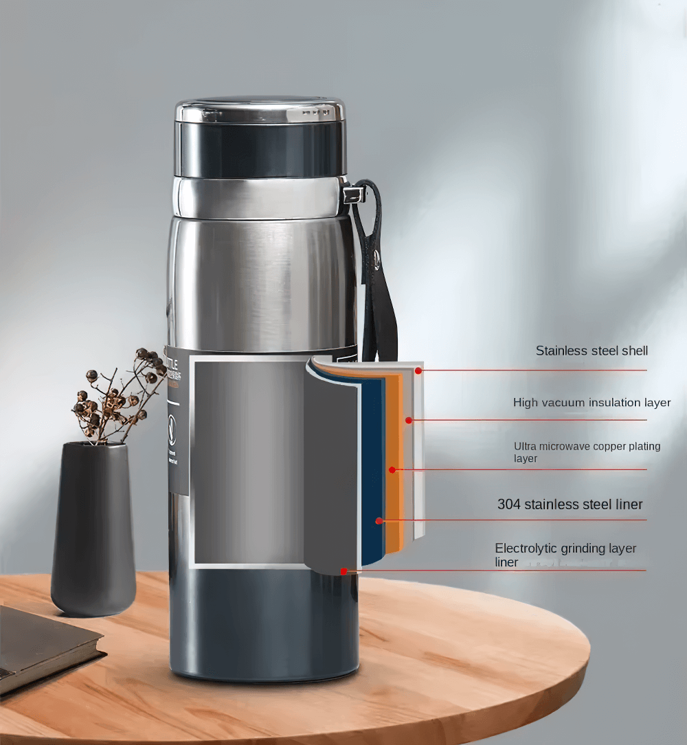 1L Stainless Steel Insulated Sport Thermos with leakproof lid and wrist strap, showing cross-section of insulation layers.