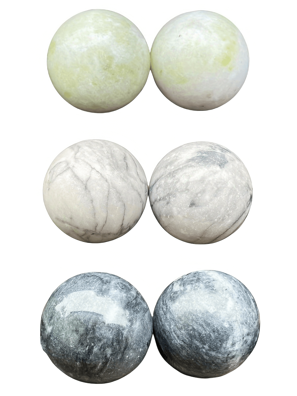 Three sets of natural stone Baoding balls in various colors for relaxation and hand therapy, promoting focus and stress relief.