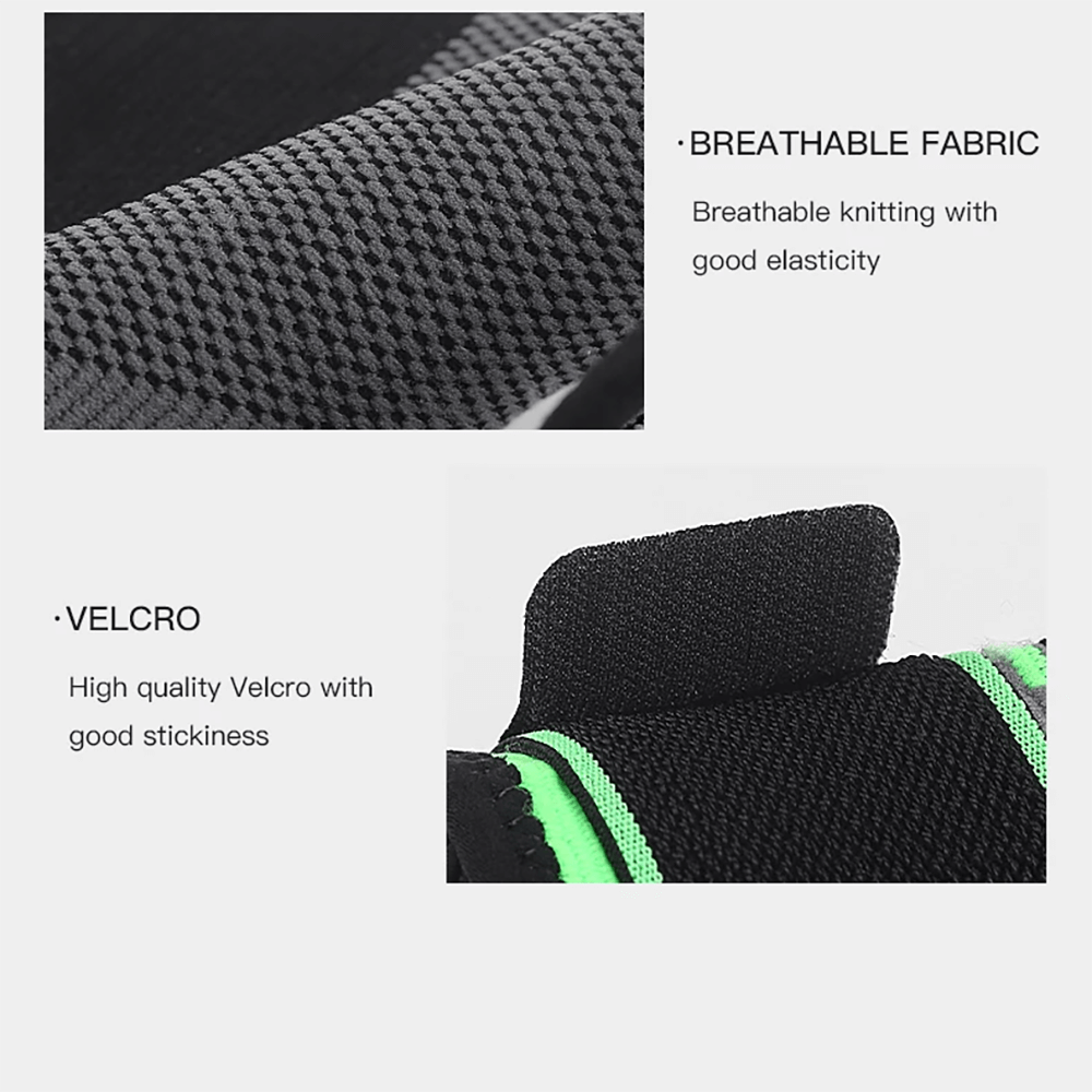 Close-up of adjustable knitting wrist support bandage showing breathable fabric and durable Velcro.
