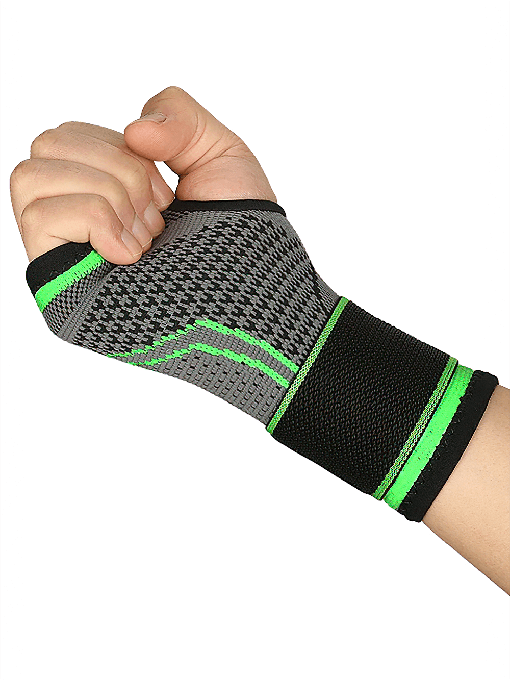 Adjustable knitting wrist support bandage providing stability and support for sports and everyday use.