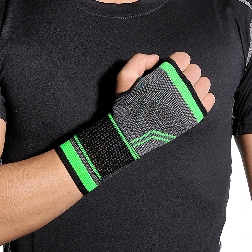 Adjustable green and black knitting wrist support bandage worn on hand for sports and gym activities, enhancing stability and recovery.