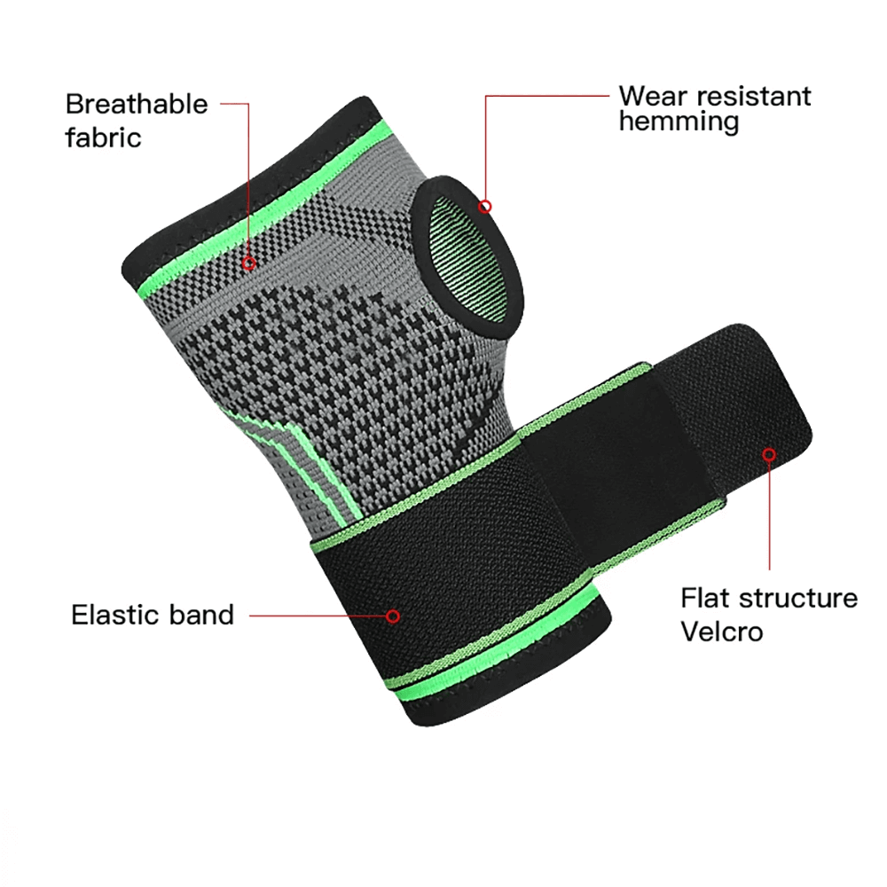 Adjustable knitting wrist support bandage with breathable fabric and elastic band for sports and gym activities.