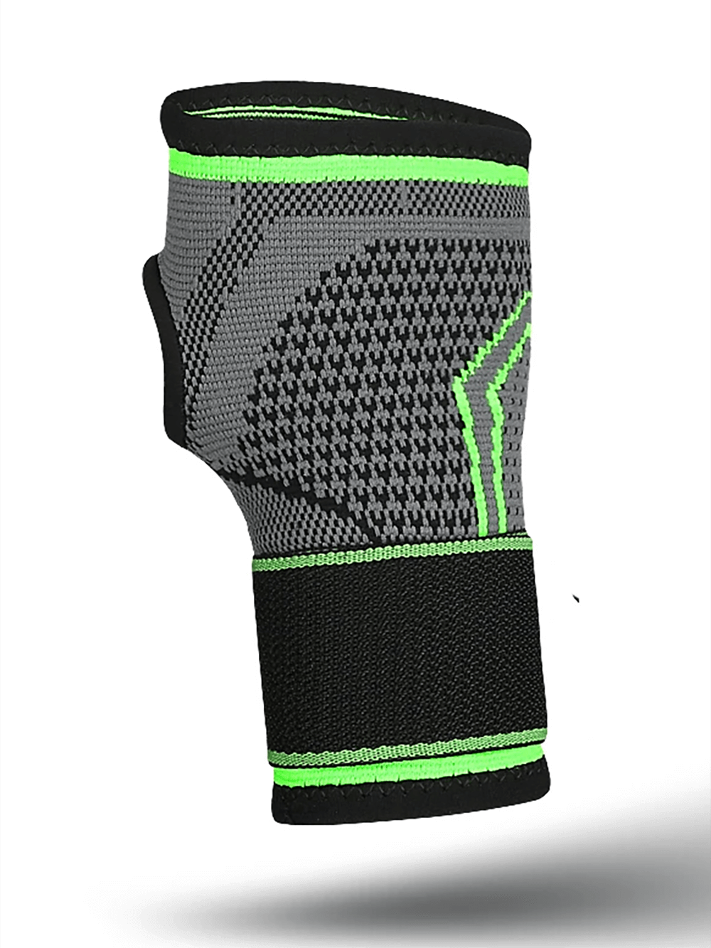 Adjustable knitting wrist support bandage in black and green for sports, gym, and daily wear. Offers stability and reduces strain.