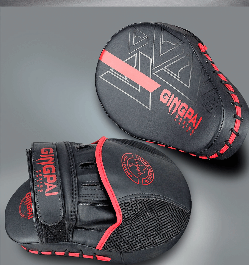 Black and red boxing PU leather target pad with ergonomic design and Velcro closure for training in boxing and MMA - SF2715