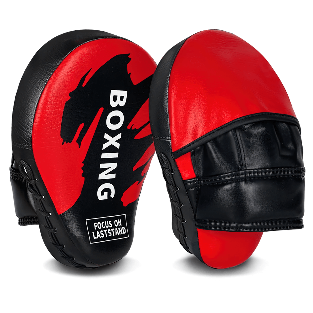 Red and black PU leather boxing punch mitts for kickboxing and martial arts training, featuring ergonomic design for grip and impact resistance.