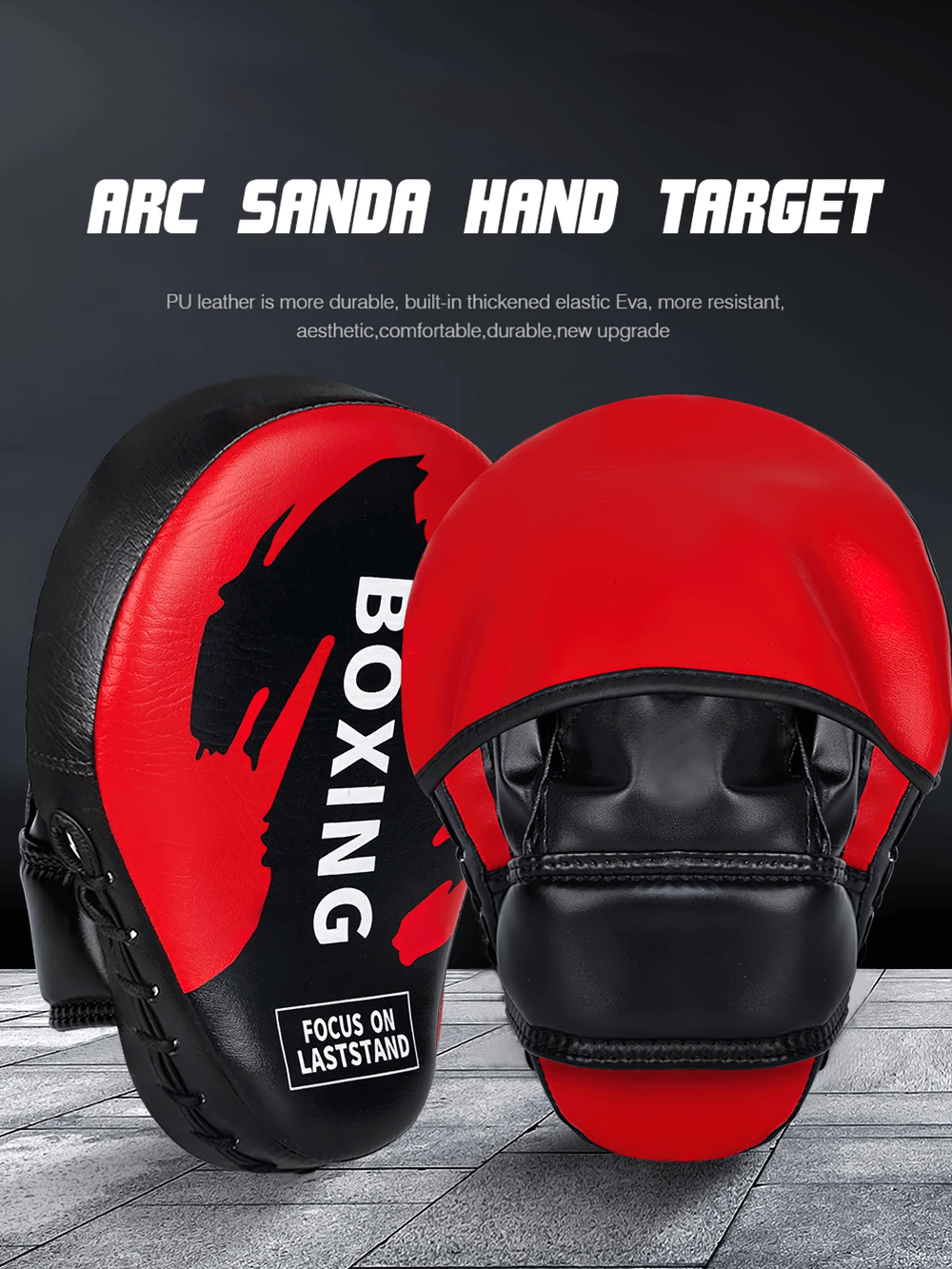 Red and black boxing punch mitts made of durable PU leather, ideal for MMA and kickboxing training, featuring ergonomic curved design.