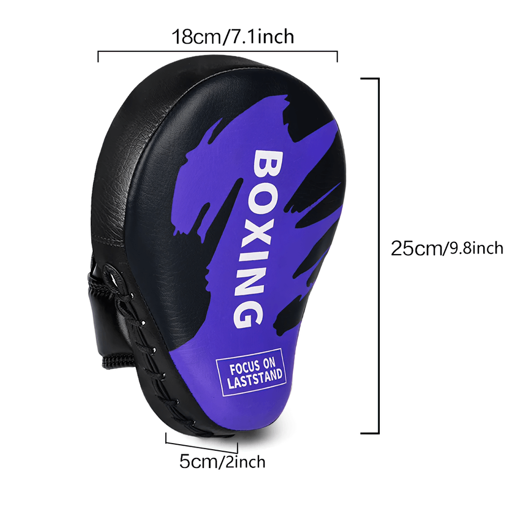 Purple and black PU leather boxing punch mitt with measurements, ideal for enhancing strike accuracy in martial arts training.