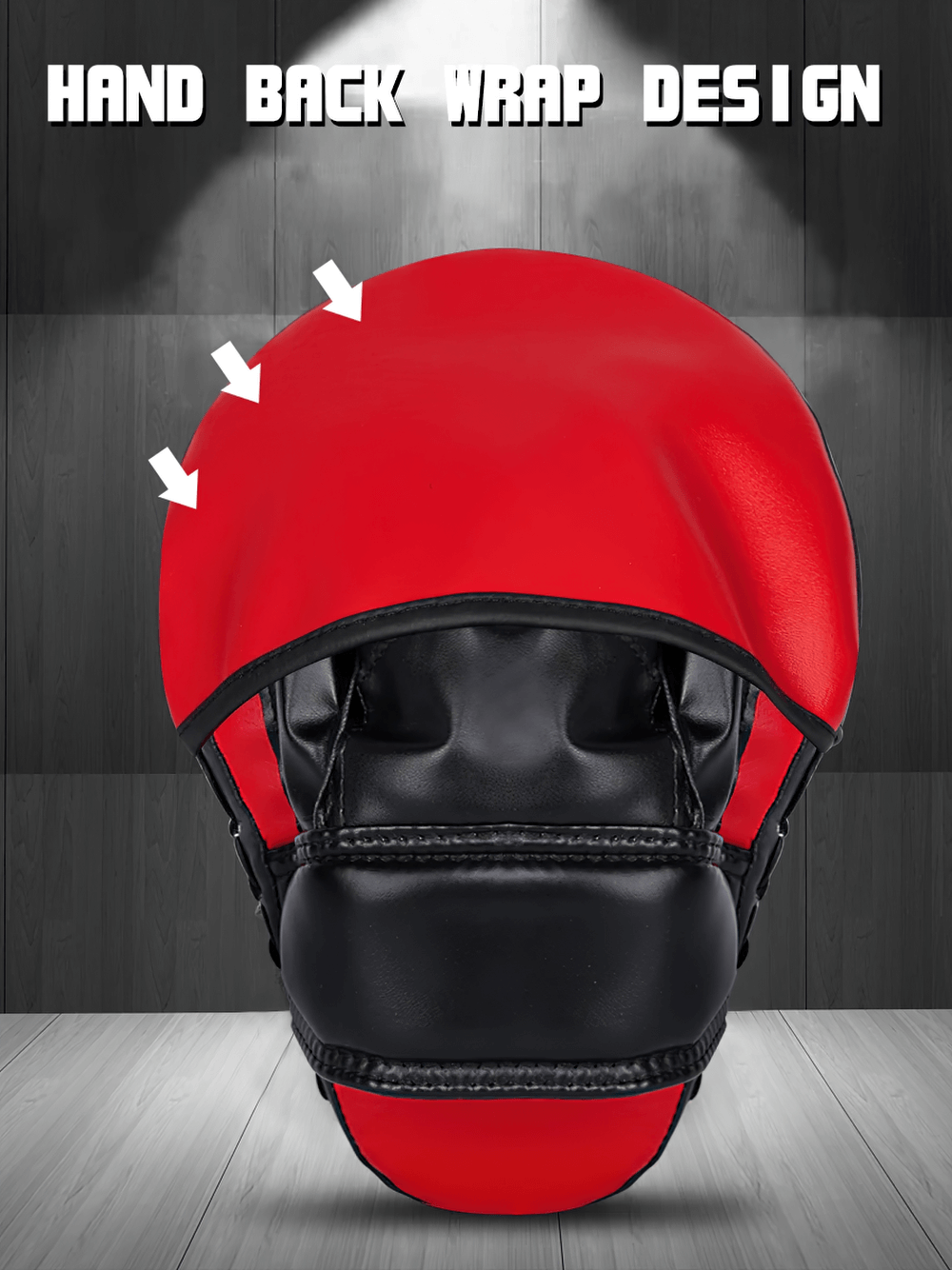 Red and black boxing punch mitt with ergonomic hand back wrap design, perfect for absorbing strikes during MMA and kickboxing training.