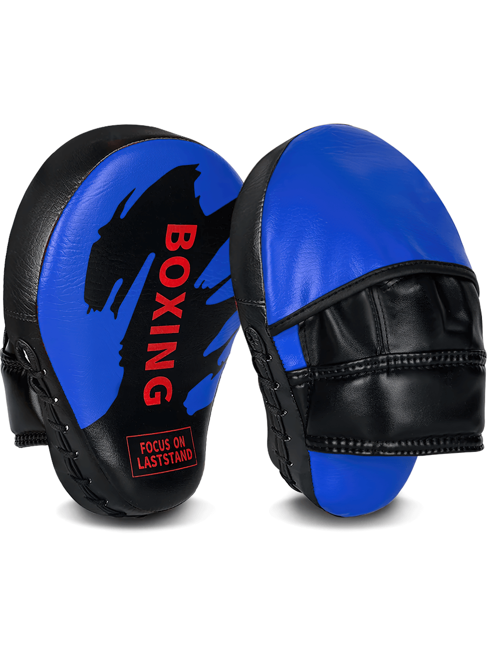 Blue PU leather boxing focus mitts with black accents, ideal for training in kickboxing and MMA, featuring ergonomic curved design.