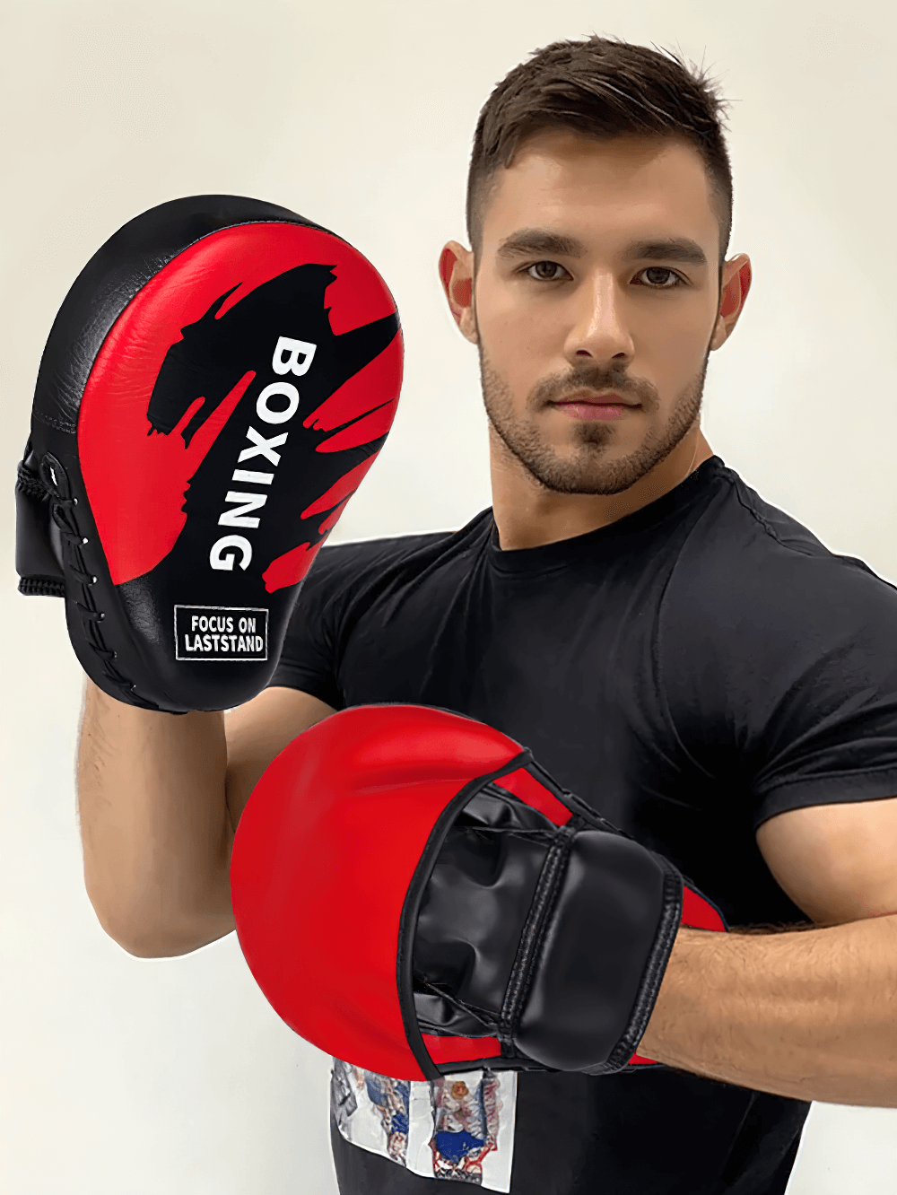 Trainer holding red and black boxing punch mitts, perfect for kickboxing and MMA. Durable PU leather design, SF2714 model.