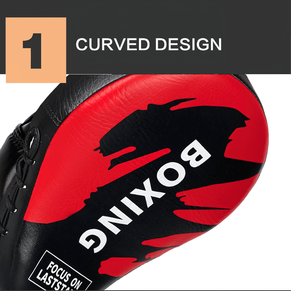 Durable red and black boxing punch mitt with curved design, ideal for enhancing kickboxing and MMA training sessions.