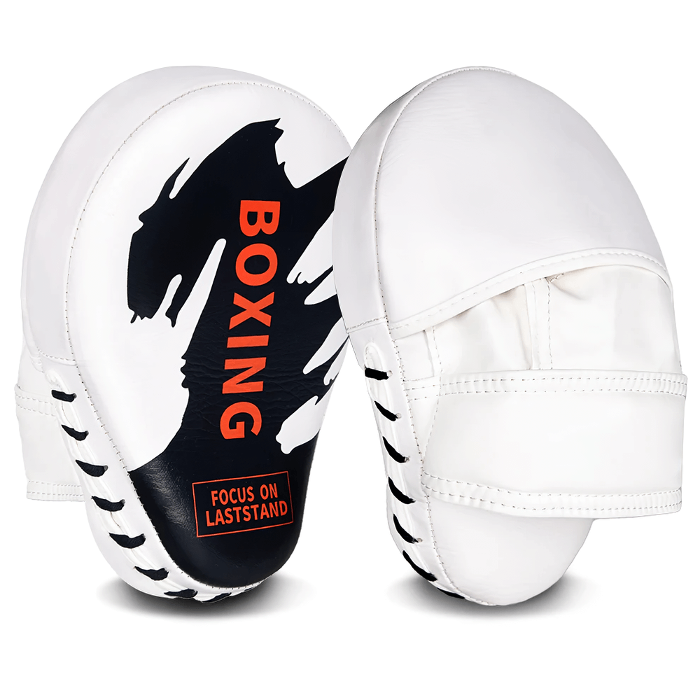 Alt Tag: White PU leather boxing focus pads with 'Boxing' text, ideal for kickboxing and martial arts training, featuring ergonomic curved design.