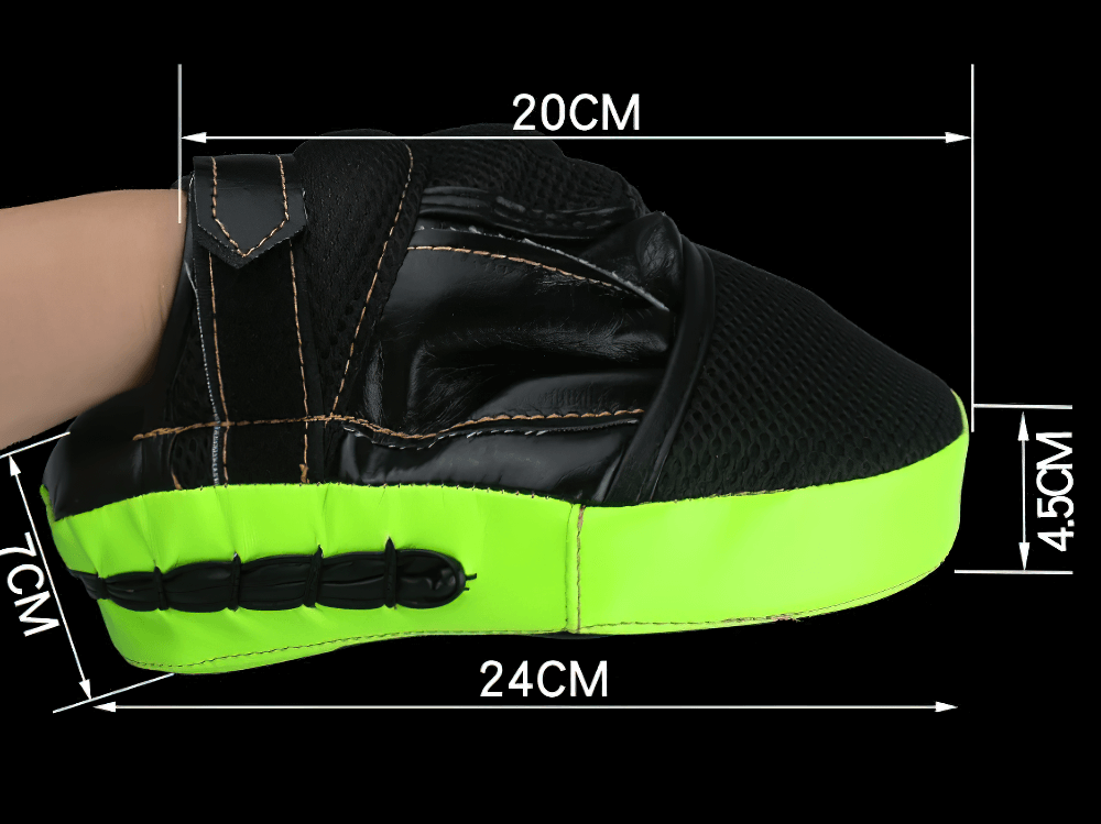 Curved boxing focus mitt with PU leather and wrist strap for punch training, showing dimensions for precision sparring practice.