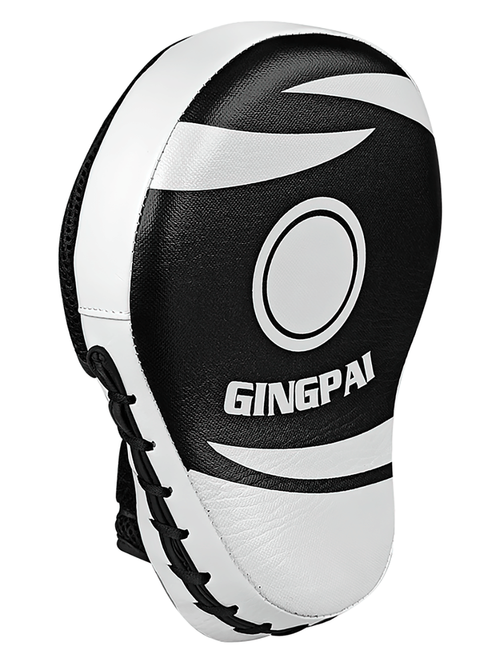 Curved black and white boxing focus mitt with wrist strap for sparring, featuring PU leather and reinforced stitching.