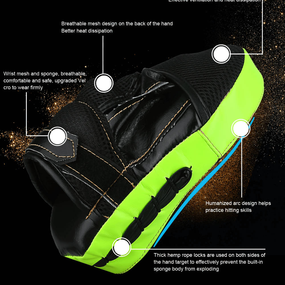 Curved boxing focus mitt with breathable mesh design, secure wrist strap, and reinforced stitching, ideal for training and sparring.