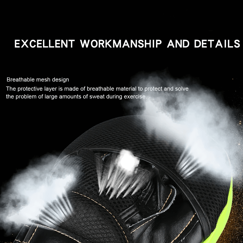 Close-up of curved boxing focus mitts showcasing breathable mesh and excellent stitching with text about workmanship and details.