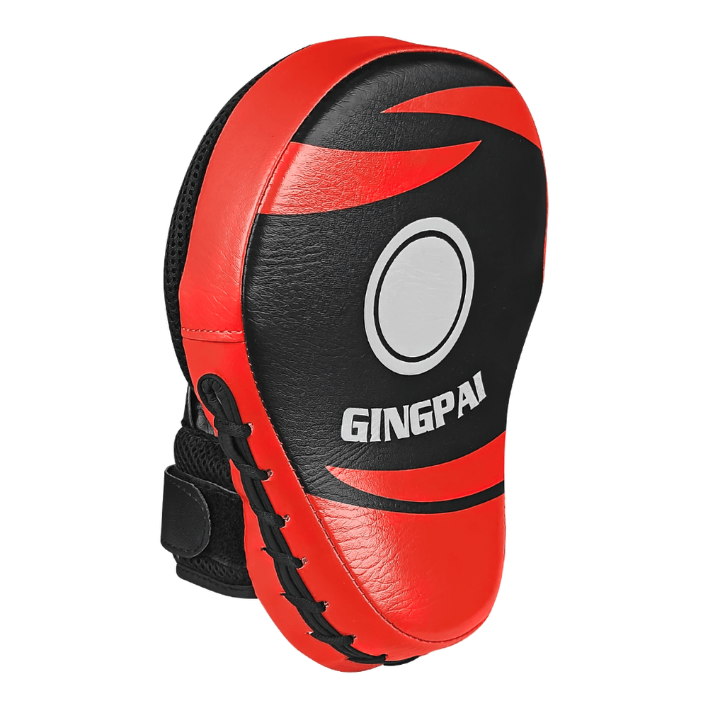 Curved boxing focus mitts in red and black with wrist strap, ideal for sparring and punch training, made of PU leather, SF3153 model.