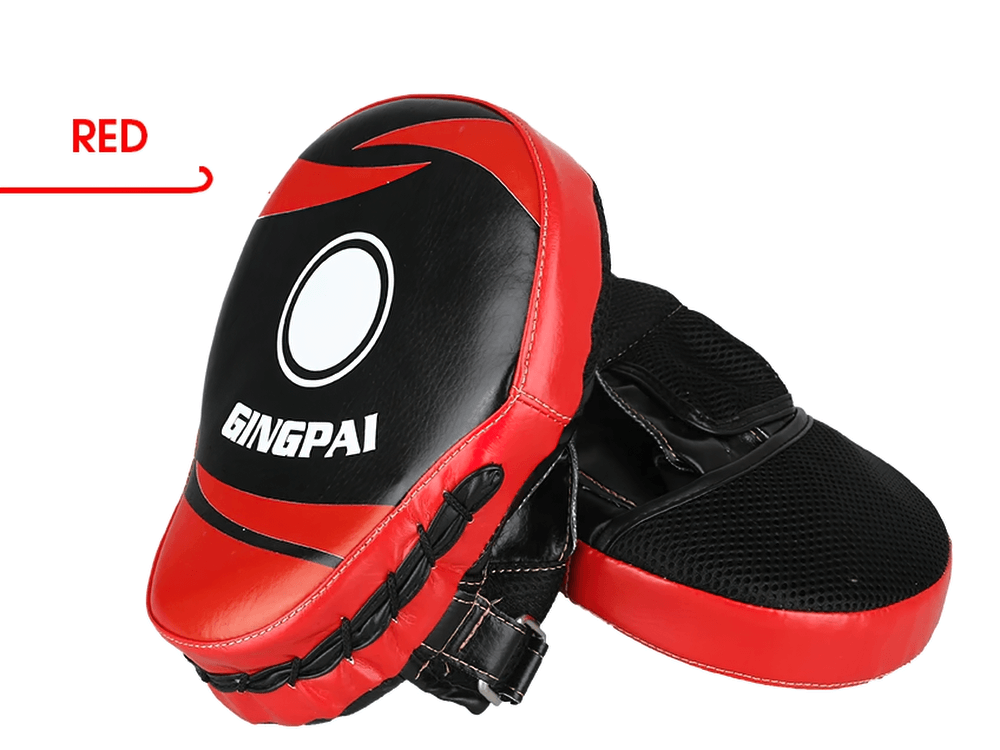 Red curved boxing focus mitts with wrist strap, PU leather design, ideal for sparring and training. Breathable open-hand back.